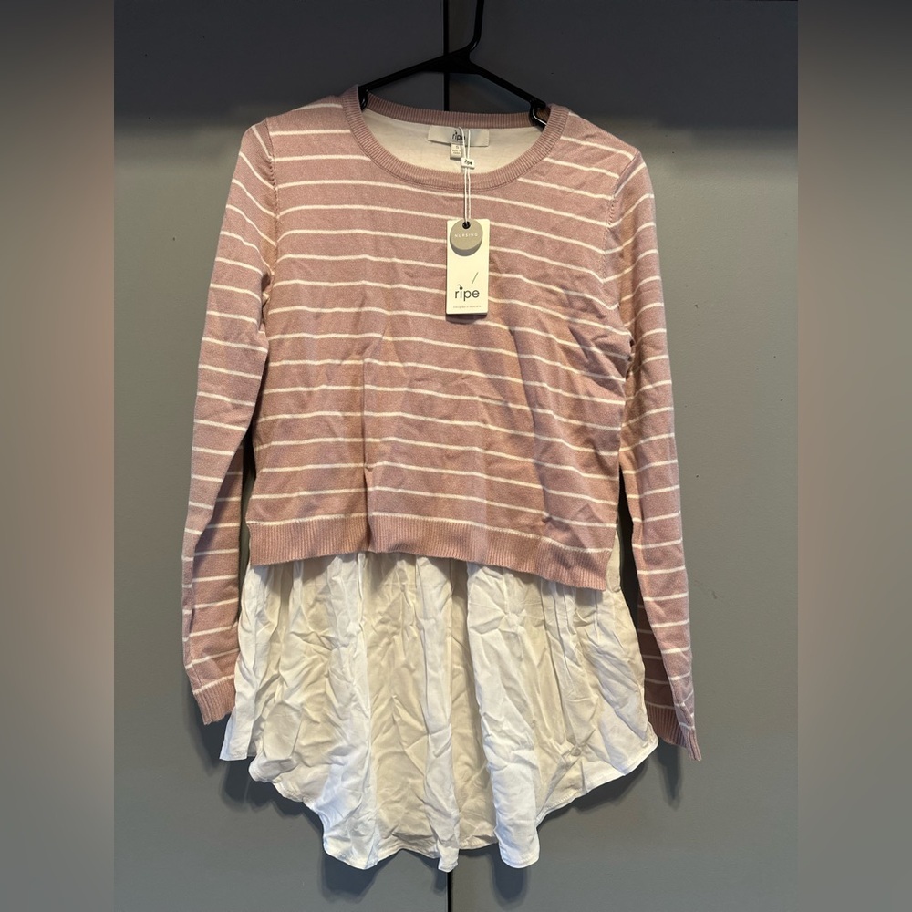 Ripe - Pink Striped Nursing Sweater with White Layered Hem (Size M)